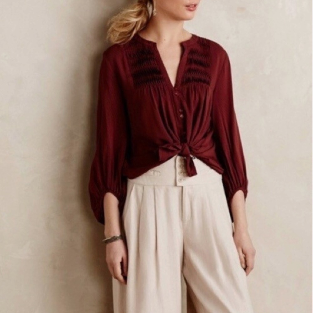 Maeve by Anthropologie Pintuck Peasant Blouse Maroon Size 8